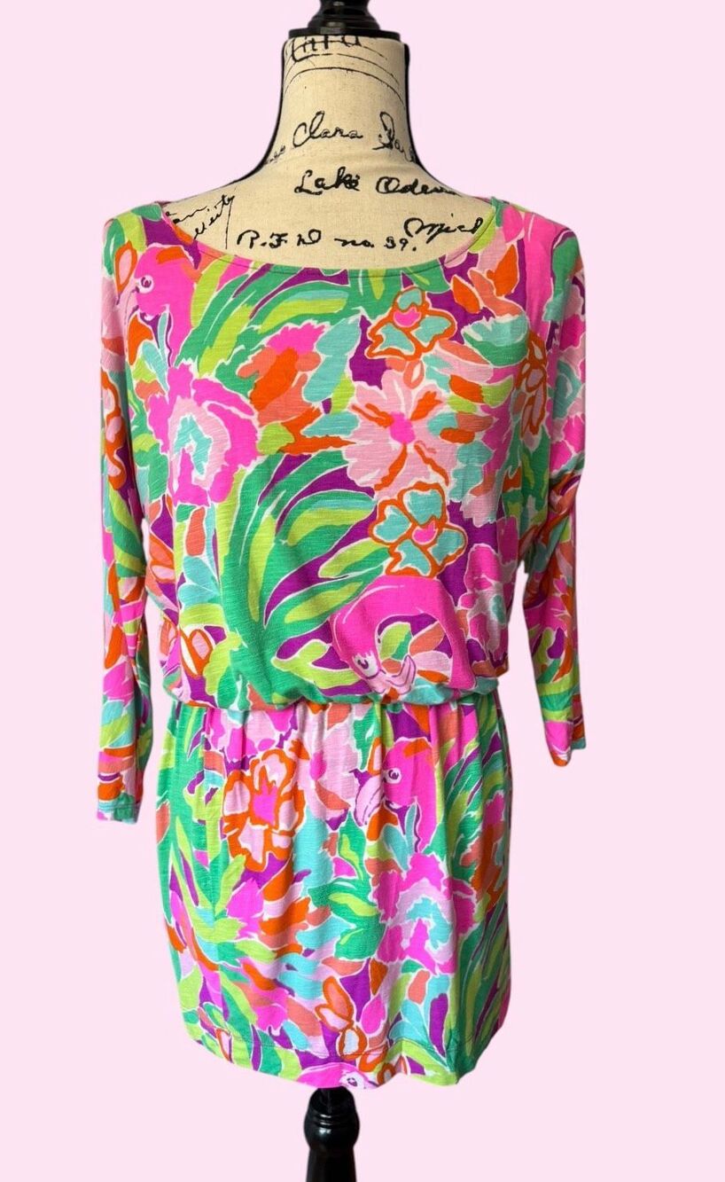 Lilly Pulitzer Dress XS Flamingo Floral Blouson 3/4 Sleeve Jersey Tunic Mini